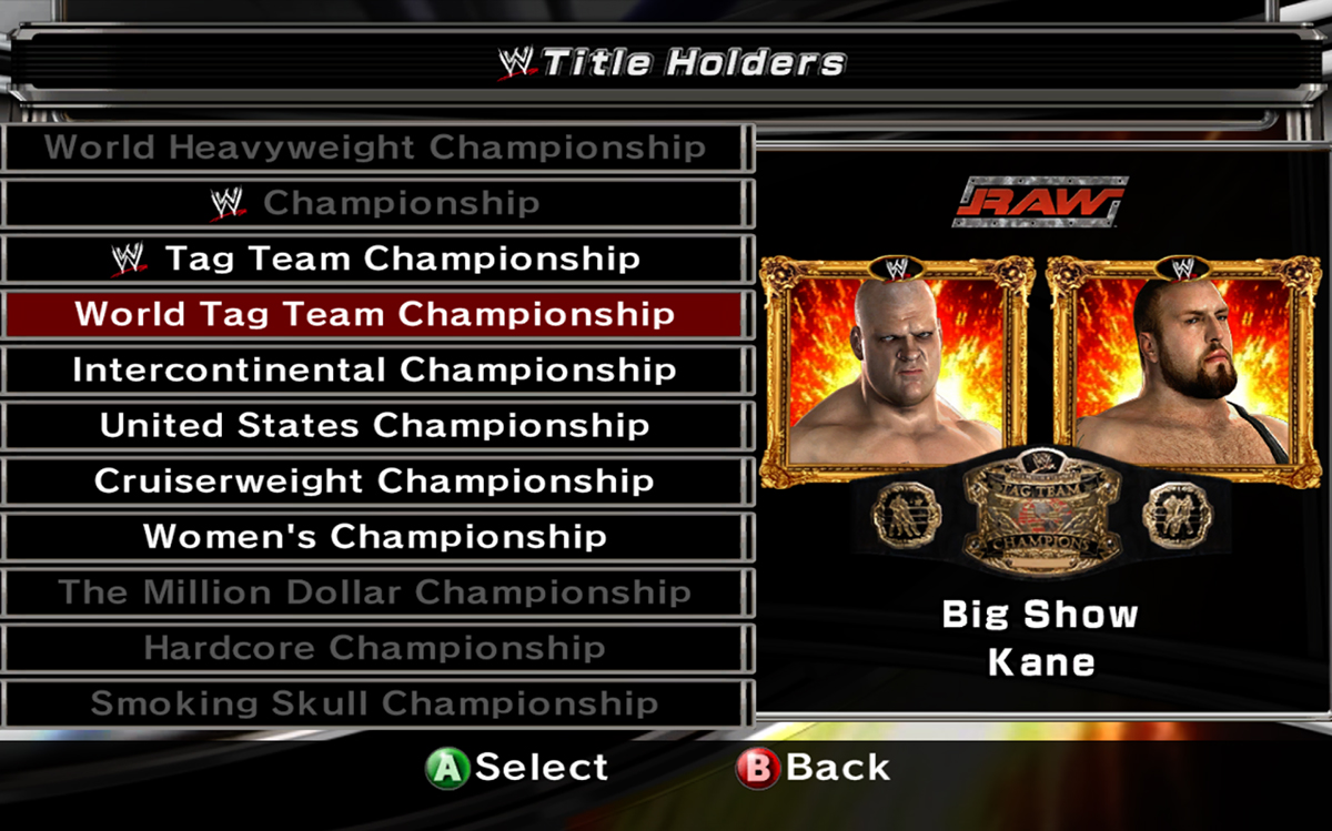 WWE SmackDown vs. Raw 2007: Championship Titles List